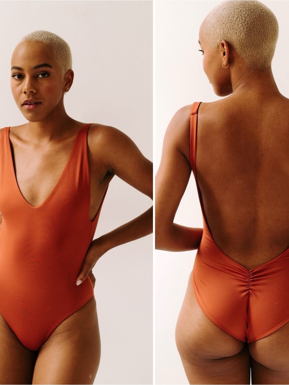 The Minimalist one piece plunge swimsuit in Sculpting Clay ochre color